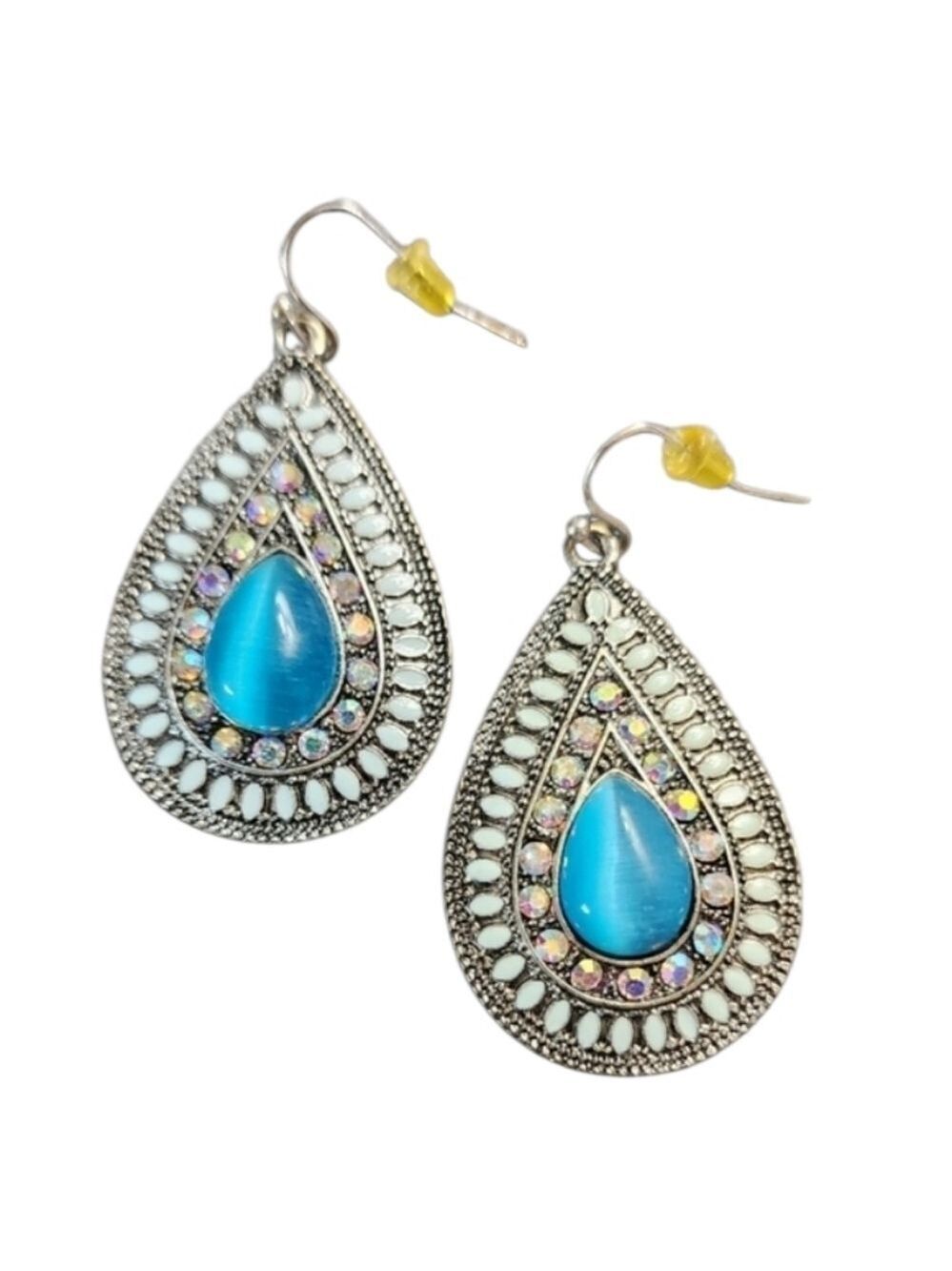 Bohemian Blue Teardrop Earrings Silvertone AB Crystals